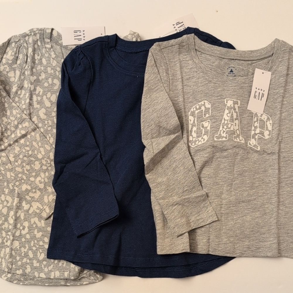 NWT Baby GAP Kids Long Sleeve Tees Shirt Gray Navy Leopard Lot Of 3 - 24m // 2T